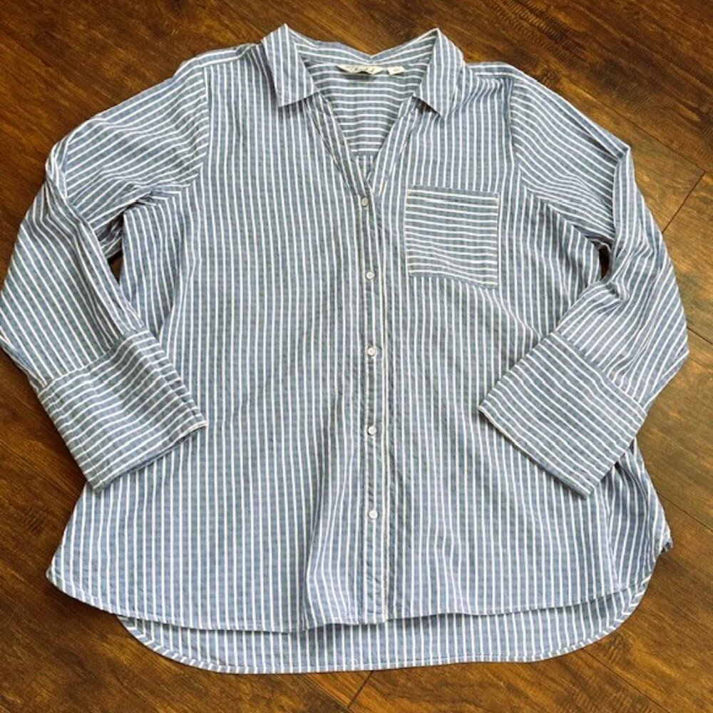 Caffé Marrakesh Blue White Striped Linen Blend Button Down Shirt Large - Picture 3 of 12